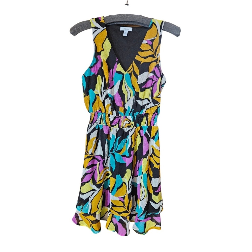 Nine West Womens Tropical Leaf Print Smocked Waist Ruffle Hem Mini Dress Small